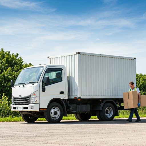 Camion de déménagement avec du personnel chargeant des boîtes
