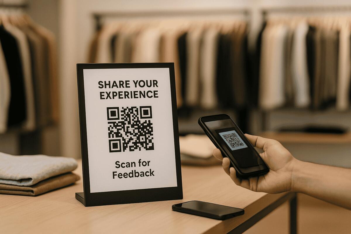 Client scannant un QR code pour partager son expérience et donner son feedback dans un commerce